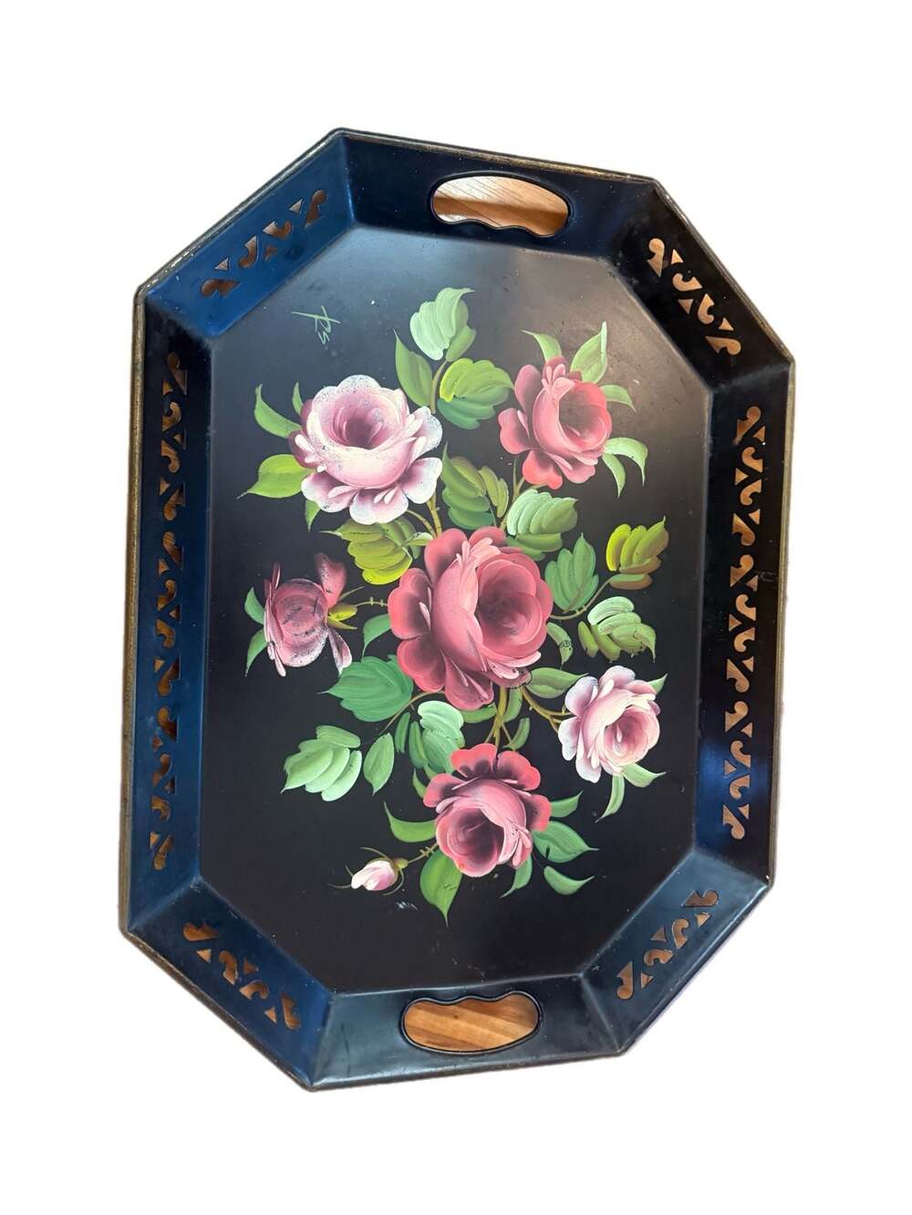 Vintage Pilgrim Art No 148 Hand Painted Rose Toleware Metal Serving Tray